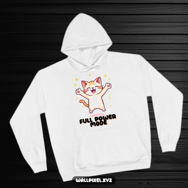 Funny pixel cat hoodie, a pixelated cat character making a joyful leap surrounded by stars, perfect for cozy gaming sessions.
