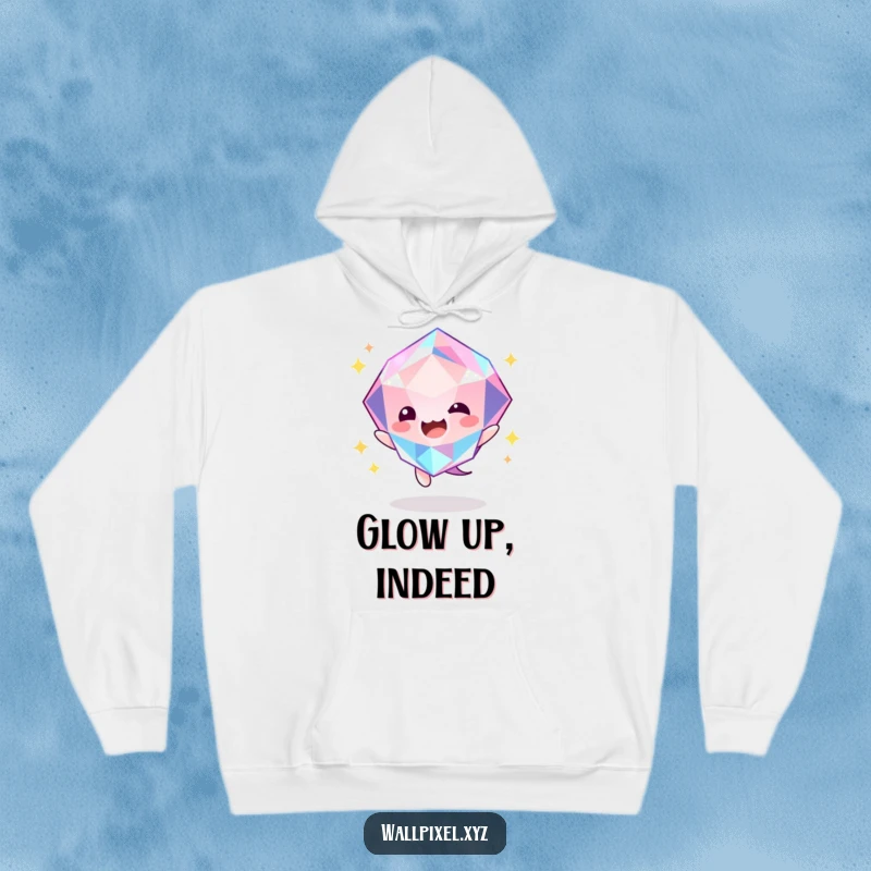 Funny gem bounce hoodie featuring a glowing, faceted gem character in mid-bounce, symbolizing energy and happiness.