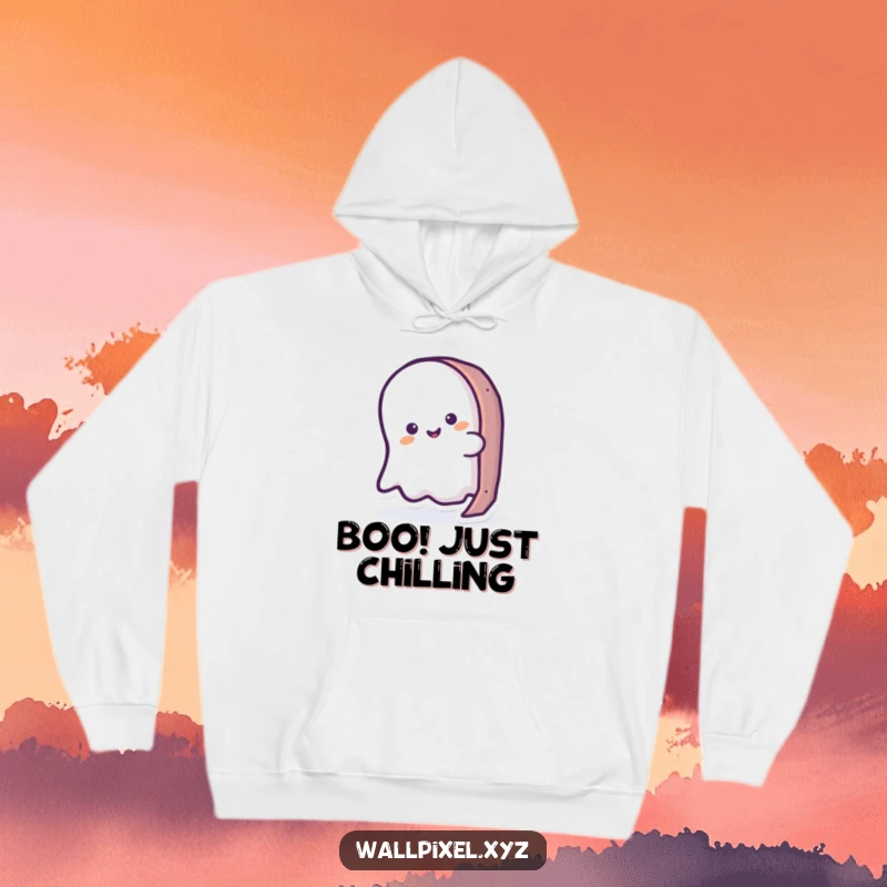 Funny ghost hoodie depicting a playful ghost peeking over a pixelated item, evoking nostalgia and fun. Ideal comfort wear.