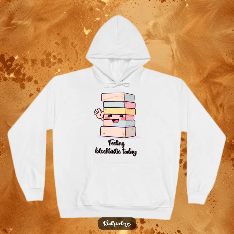 Funny hoodie depicting a cute, smiling stack of building blocks waving energetically, offering a warm and humorous feel.