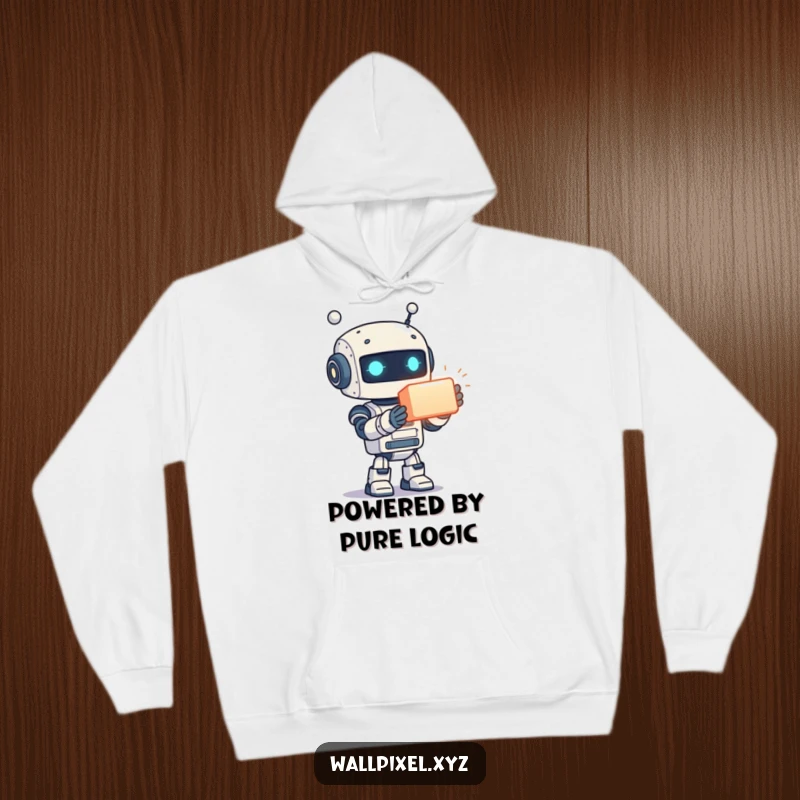 Funny hoodie design of a happy, pixelated robot holding out a radiant, glowing cube, evoking a sense of wonder and play.