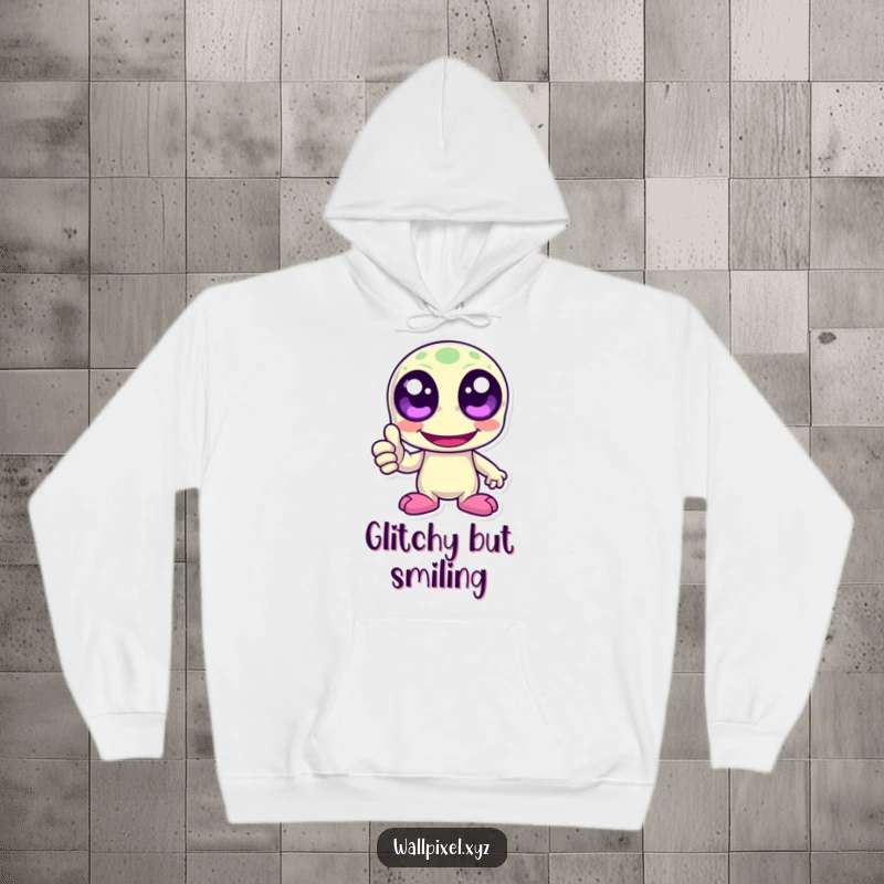 Funny pixelated alien character with big pixel eyes, laughing and giving a thumbs up. Comfortable and humorous retro hoodie.