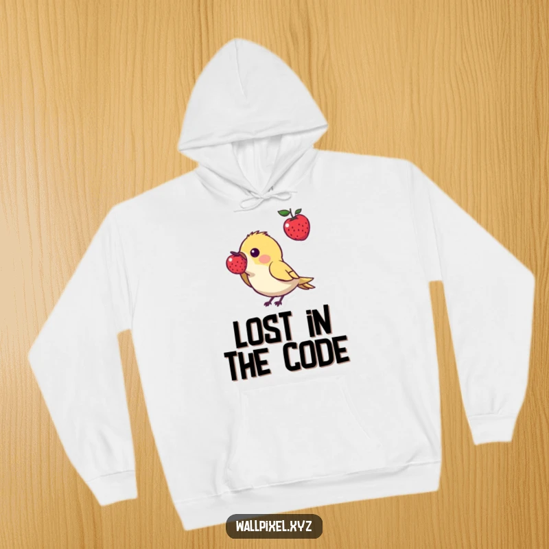Funny pixel art hoodie featuring a small, angular bird character focused on pecking a vibrant, floating pixelated berry, perfect for casual retro gaming fans.
