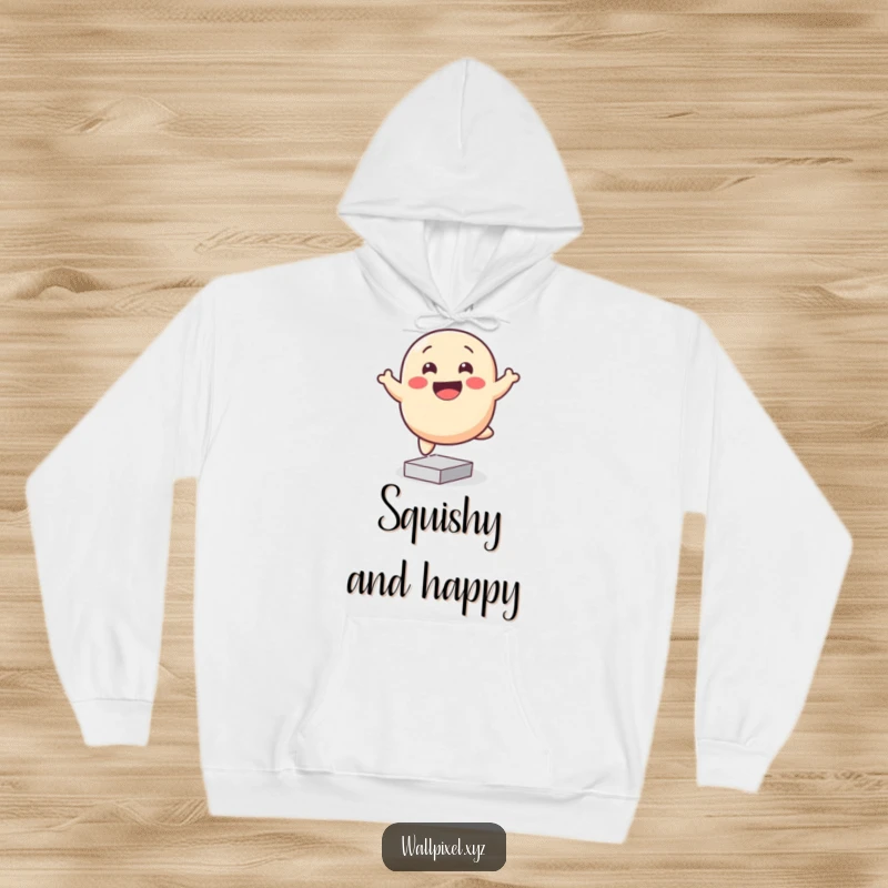 Funny pixelated blob hoodie, smiling and bouncing happily on square pixels, perfect for cozy comfort and fun.