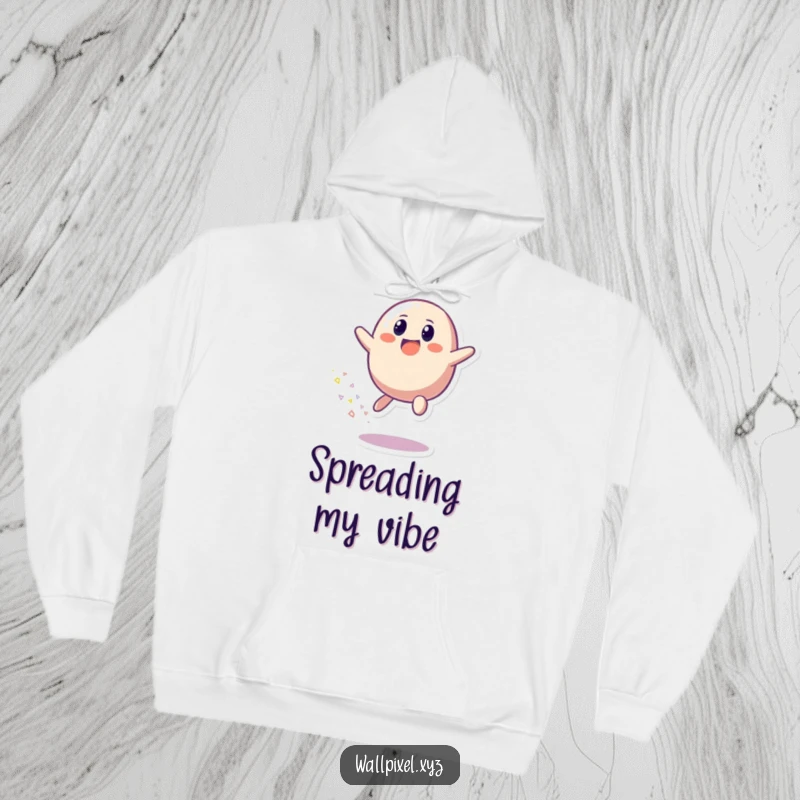 Funny hoodie depicting a happy pixelated blob character bouncing, leaving a dynamic trail of bright, scattered pixels.