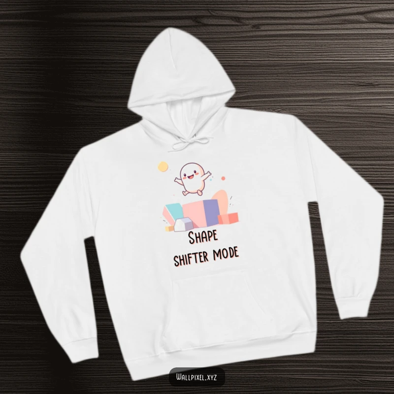 Funny smiling pixel figure bouncing on abstract geometric shapes on a cozy hoodie.