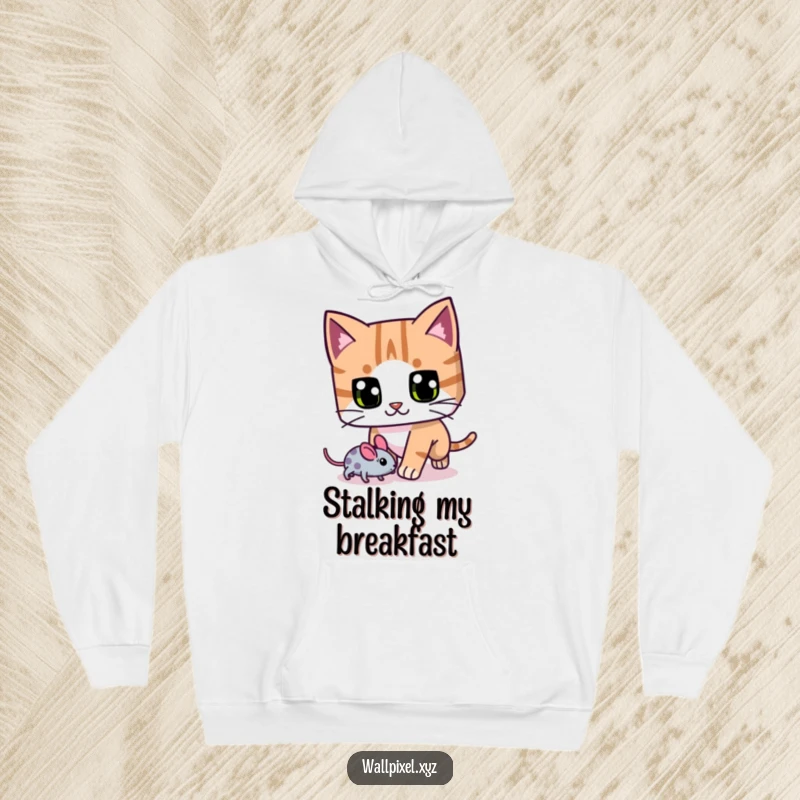Funny blocky cat hoodie, with exaggerated pixel eyes, chasing a pixelated mouse, perfect for cozy cat lovers.
