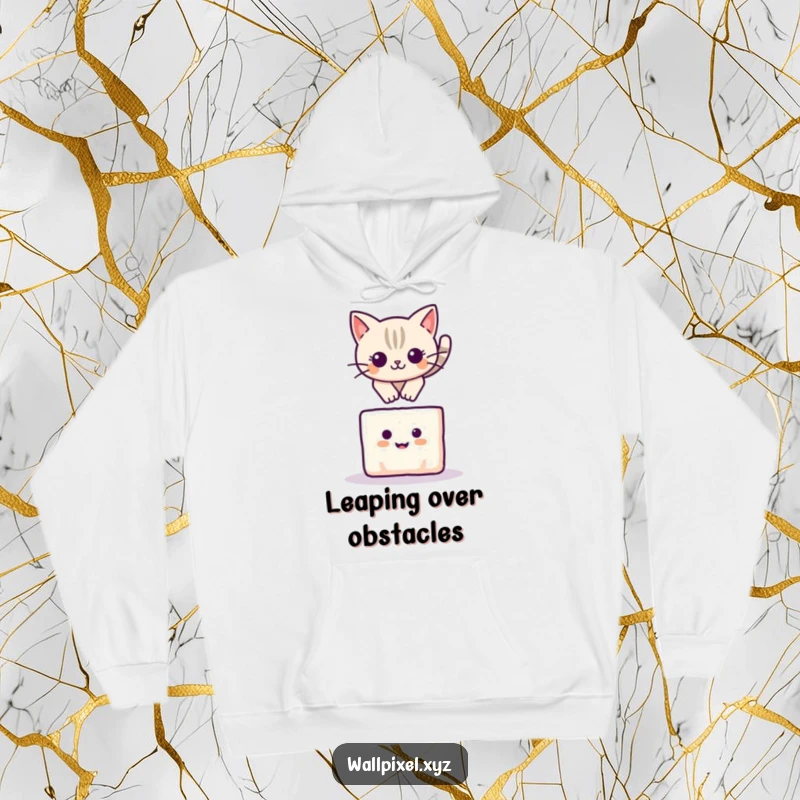 Funny hoodie featuring a pixelated cat mid-leap over a small, smiling block, embodying playful agility and charm.