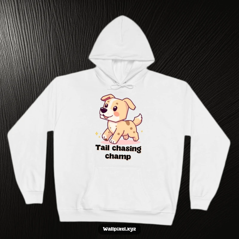 Funny hooded sweatshirt with a blocky pixel dog chasing its tail, leaving a sparkling pixel trail, offering comfort and humor.