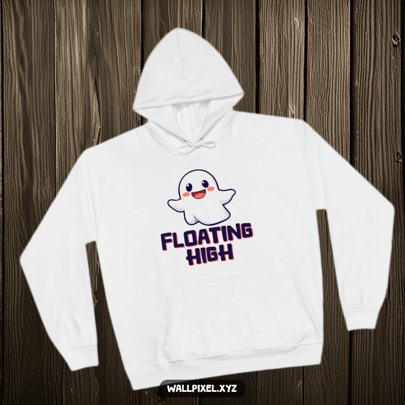 Funny hoodie with a smiling pixelated ghost determinedly floating upwards, offering warmth and a touch of playful spookiness.