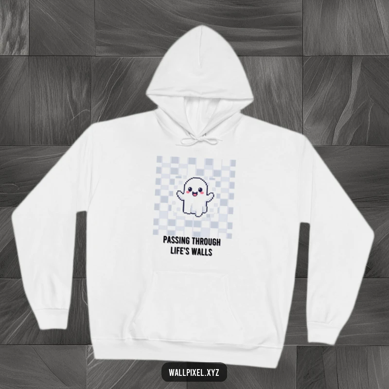 Funny pixelated ghost hoodie, happily phasing through a checkerboard wall, ideal for cozy gaming and retro enthusiasts.
