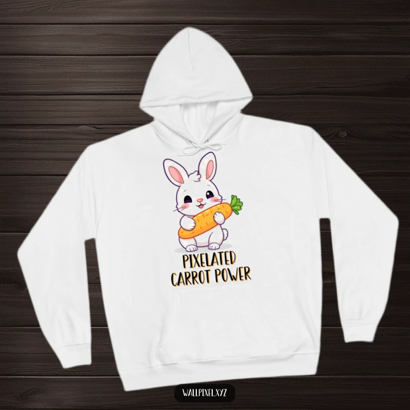 Funny hoodie featuring a stout, pixelated rabbit clutching a radiant, glowing pixelated carrot, perfect for cozy, retro gaming vibes.