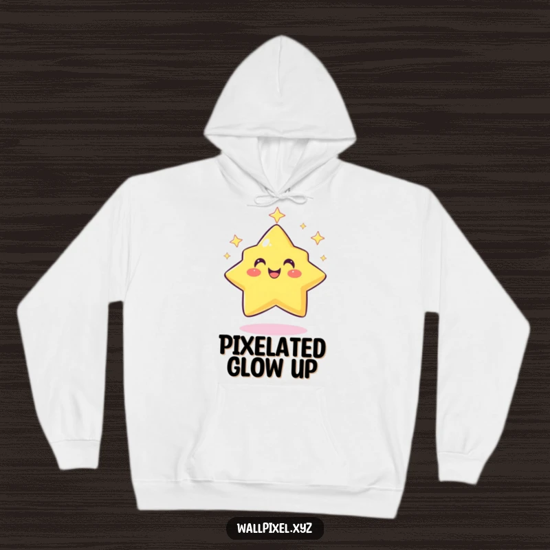 Funny pixel star hoodie displaying a smiling, retro character twinkling rhythmically, offering warmth and pixelated fun.