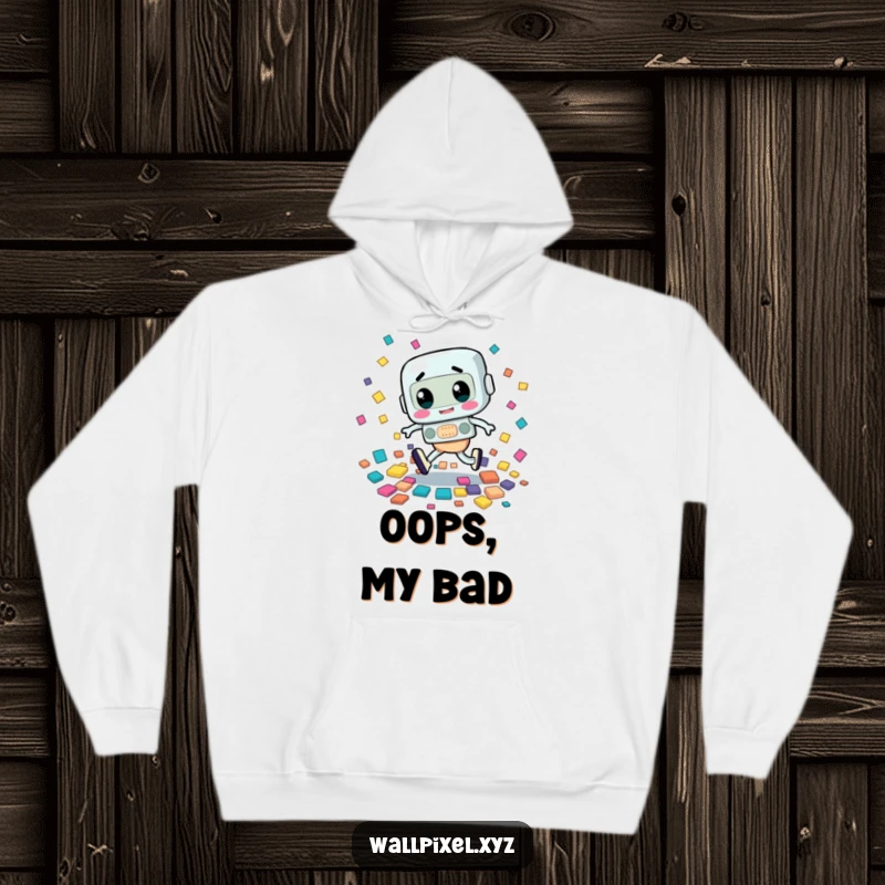 Funny hoodie featuring a retro character in a comical tripping pose, scattering colorful squares, a humorous design.