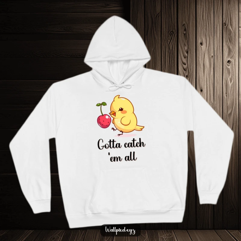 Funny hoodie with a pixel art design of a small, angular bird character playfully pecking at a floating pixelated berry.
