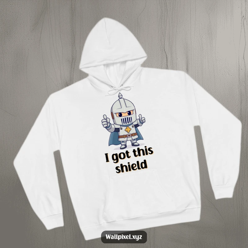 Funny hoodie featuring a knight built from blocks, giving a hearty thumbs up, radiating cheerful, heroic vibes.