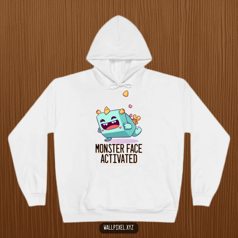 Funny blocky monster character making a funny face while tumbling end over end on a cozy hoodie.