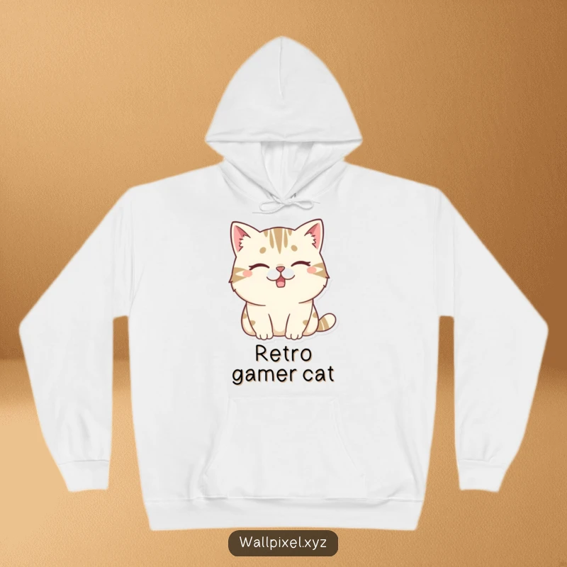 Funny hoodie featuring a chunky pixelated cat winking with a missing tooth, offering a warm and retro style for casual wear.