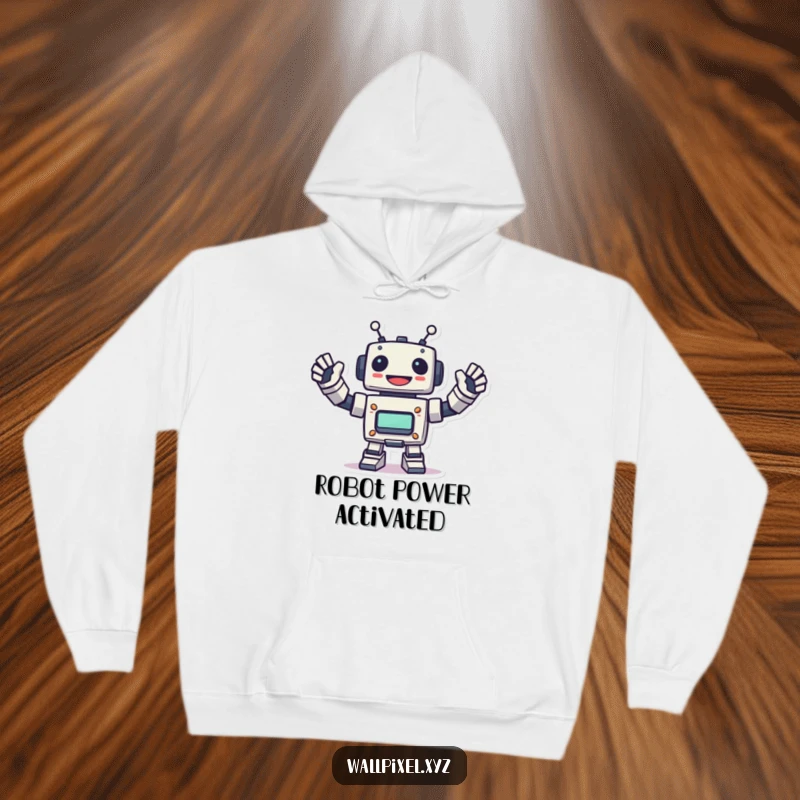 Funny pixel robot hoodie showing a cheerful robot energetically waving, offering cozy comfort and a stylish nod to retro technology.