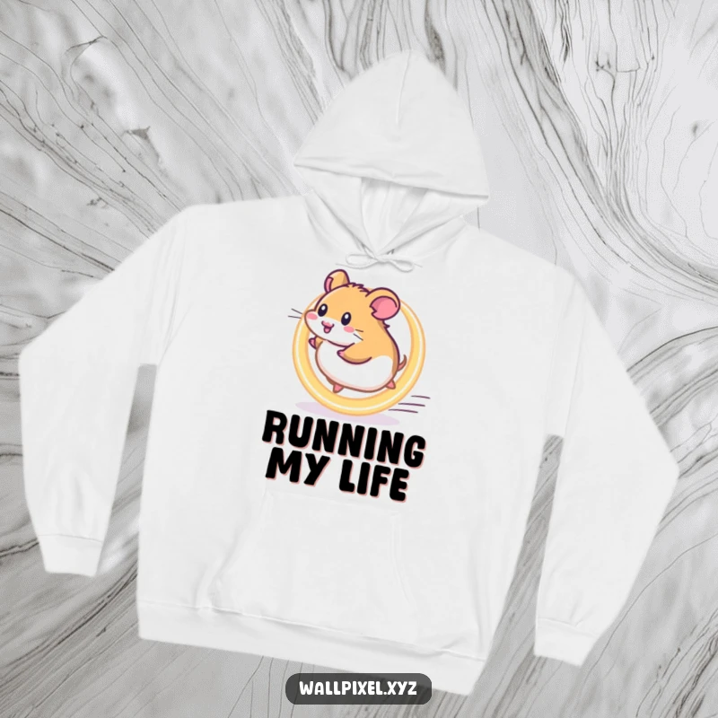 Funny Pixel Hamster Hoodie: A pixelated hamster runs on a glowing wheel, bringing energy and humor to your day.