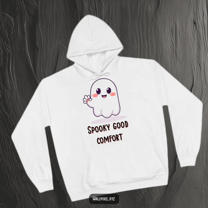 Funny hoodie showcasing a smiling, pixelated ghost with blocky arms giving a welcoming wave, ideal for comfortable, humorous chills.