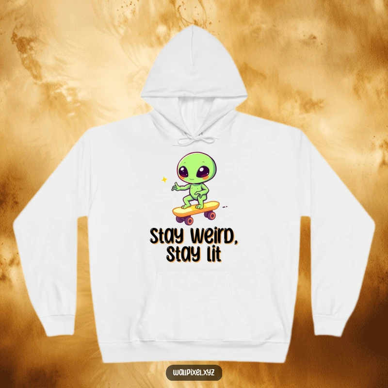 Funny pixel alien winking on a glowing block skateboard, cozy retro gaming hoodie, humorous and warm.
