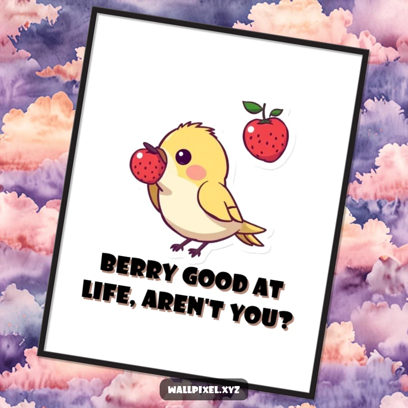 Funny Free Printable Wall Art: Angular pixel bird pecking a vibrant pixel berry, digital art for a playful room.
