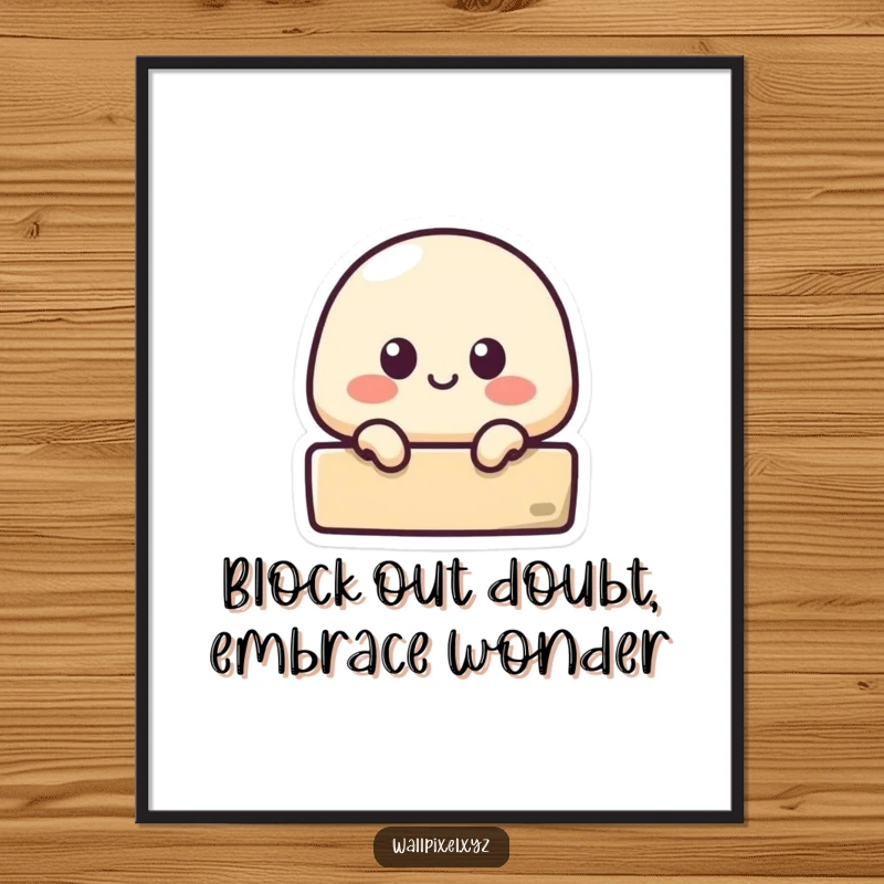 Funny Free Printable Wall Art: Small pixelated blob peeking curiously from behind a block, adding a touch of playful mystery.