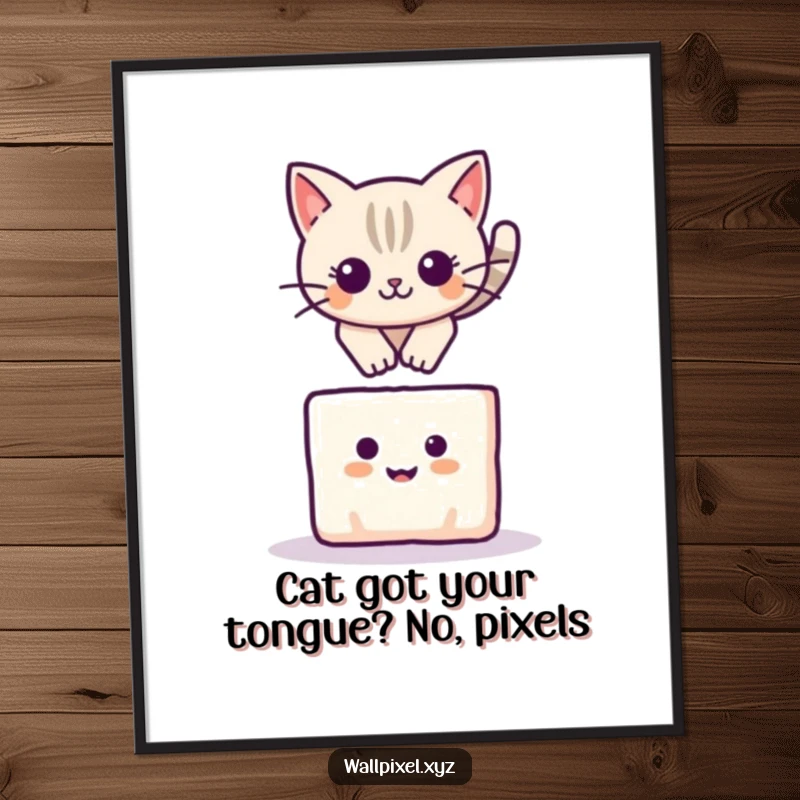 Funny Free Printable Wall Art: A pixelated cat performs an agile leap over a small, happily smiling square block.