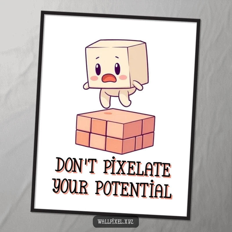 Funny Free Printable Wall Art: A surprised blocky figure humorously trips over a floating pixel, perfect for gaming rooms.