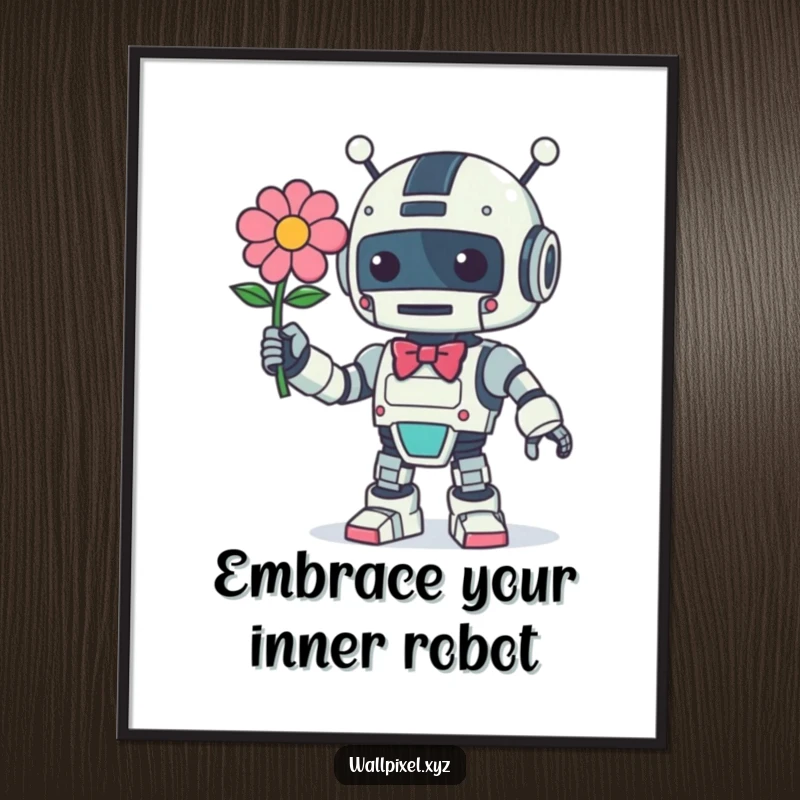 Funny Free Printable Wall Art: Retro robot character with bow offers a glowing pixelated flower, charmingly.