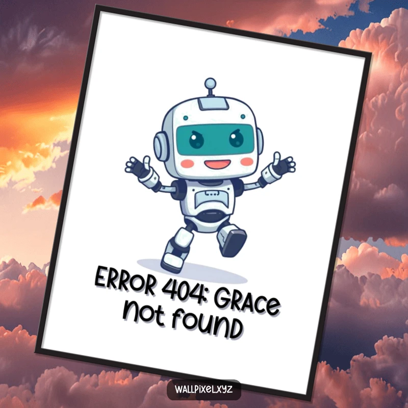 Funny Free Printable Wall Art: Pixelated robot doing a happy, clumsy dance, bringing energetic and humorous vibes to any room.