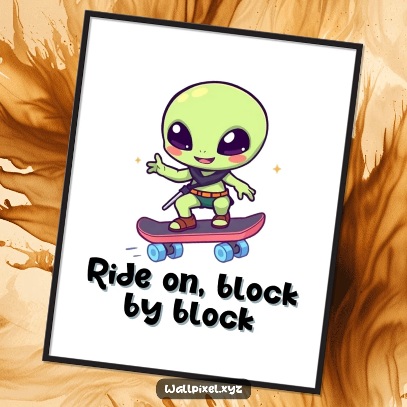 Funny Free Printable Wall Art: Pixelated alien winks while riding a glowing block skateboard, sci-fi art.