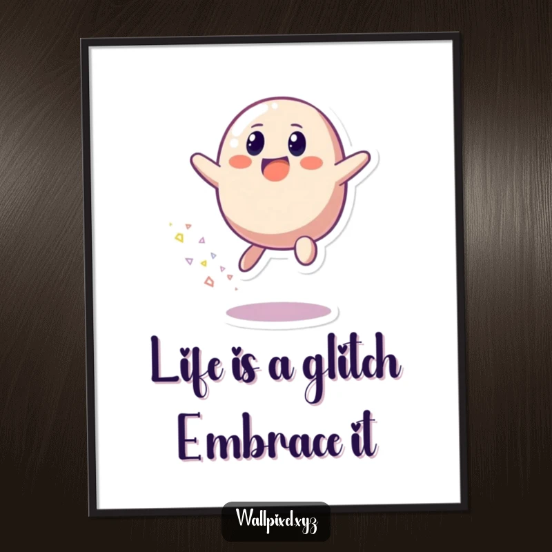 Funny Free Printable Wall Art: A pixelated blob character bounces with pure joy, leaving a scattered trail of bright pixels.