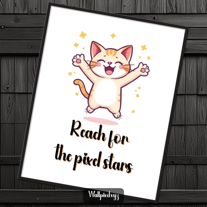Funny Free Printable Wall Art: A pixelated cat leaps joyfully surrounded by stars, adding retro fun to your decor.