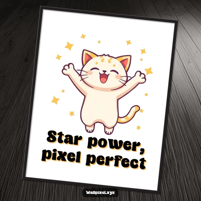 Funny Free Printable Wall Art: Pixelated cat joyfully leaps into a sky of small stars. Retro downloadable decor.