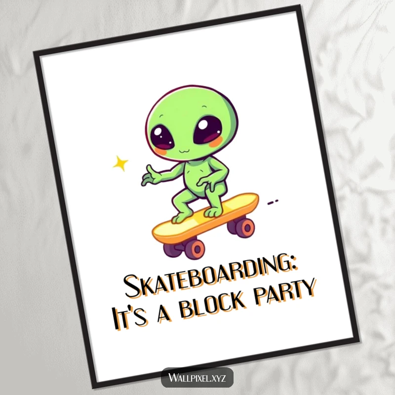 Funny Free Printable Wall Art: Pixelated alien winking while riding a glowing block skateboard, ideal for gamer rooms.