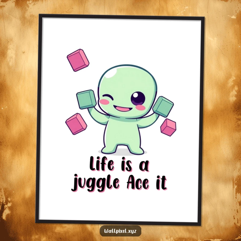 Funny Free Printable Wall Art: Grinning pixel alien winks while juggling colorful pixel squares, retro video game aesthetic.