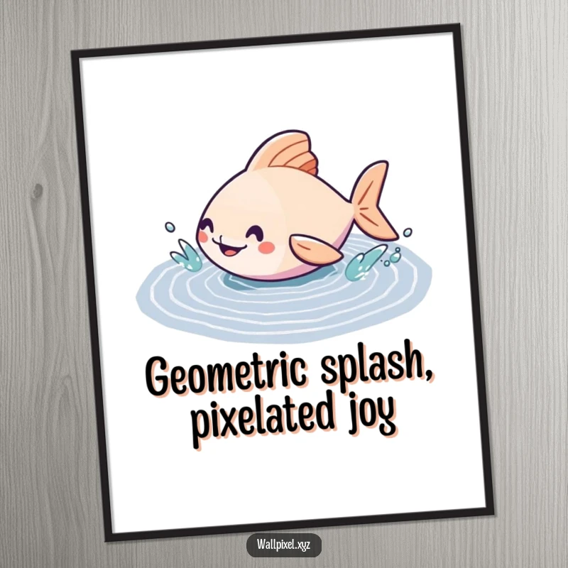 Funny Free Printable Wall Art: A geometric fish character energetically splashing in a pixelated puddle, radiating happiness and playful charm.