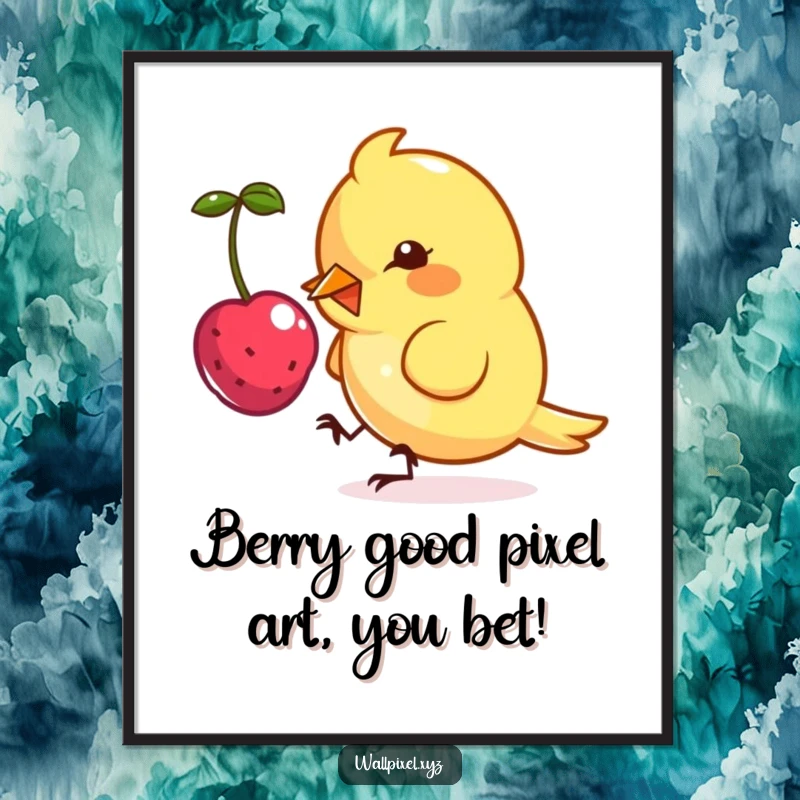 Funny Free Printable Wall Art: A small, angular pixel bird intently pecks at a floating digital berry, retro gaming style.