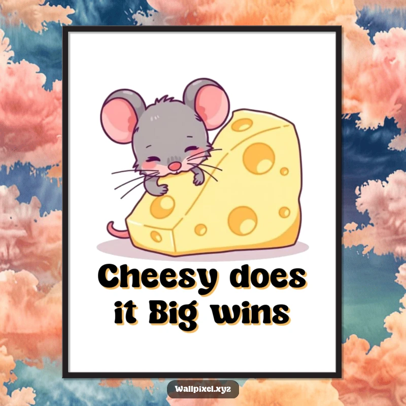 Funny Free Printable Wall Art depicting a delightful pixel mouse intensely focused on devouring a comically large, blocky chunk of cheese.