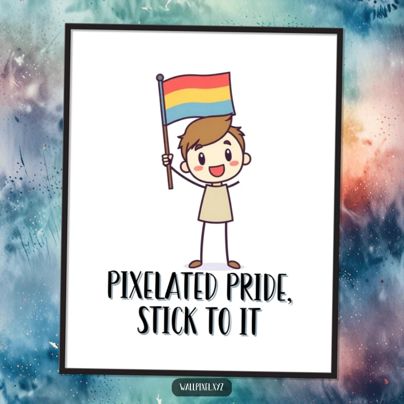 Funny Free Printable Wall Art: Stick figure character enthusiastically waving a pixelated flag, symbolizing victory and joyful celebration.