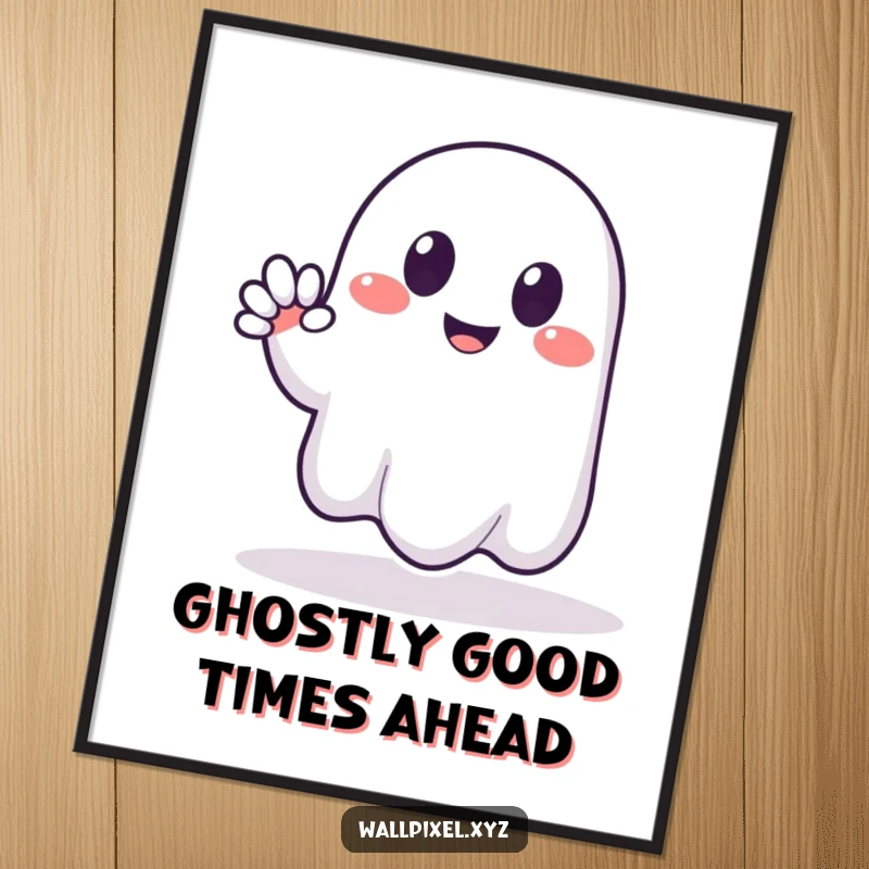 Funny Free Printable Wall Art: A friendly pixelated ghost waves with a blocky gesture, adding retro charm.