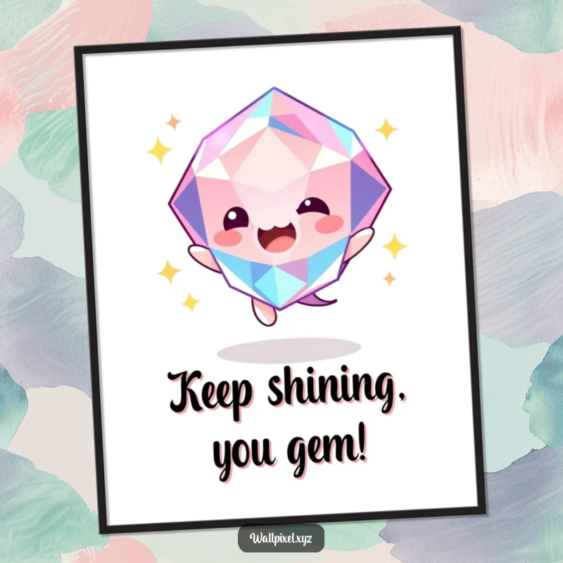 Funny Free Printable Gem Wall Art, a faceted gem character bouncing with a vibrant, cheerful glow.