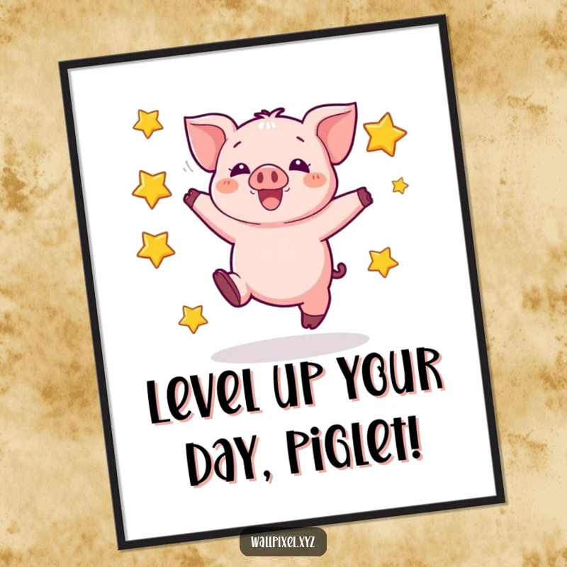 Funny Free Printable Wall Art: A pixelated piglet jumps excitedly, surrounded by blocky stars, in a retro gaming style.