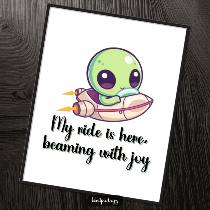 Funny Free Printable Wall Art: A kawaii pixel alien with huge eyes zooms in a tiny ship, whimsical decor.