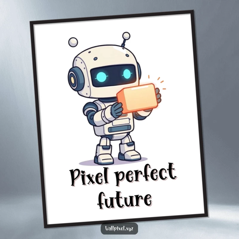Funny Free Printable Wall Art: A retro pixelated robot excitedly offers a bright, glowing cube, adding a geeky charm to your walls.