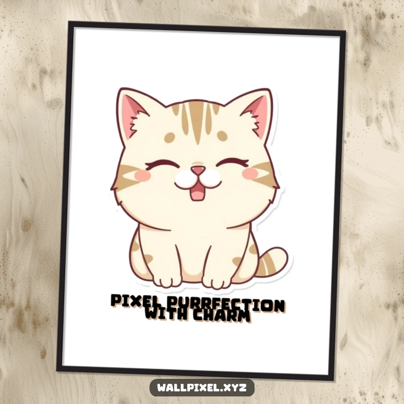 Funny Free Printable Wall Art: Chunky pixelated cat winking playfully, missing tooth giving it character.