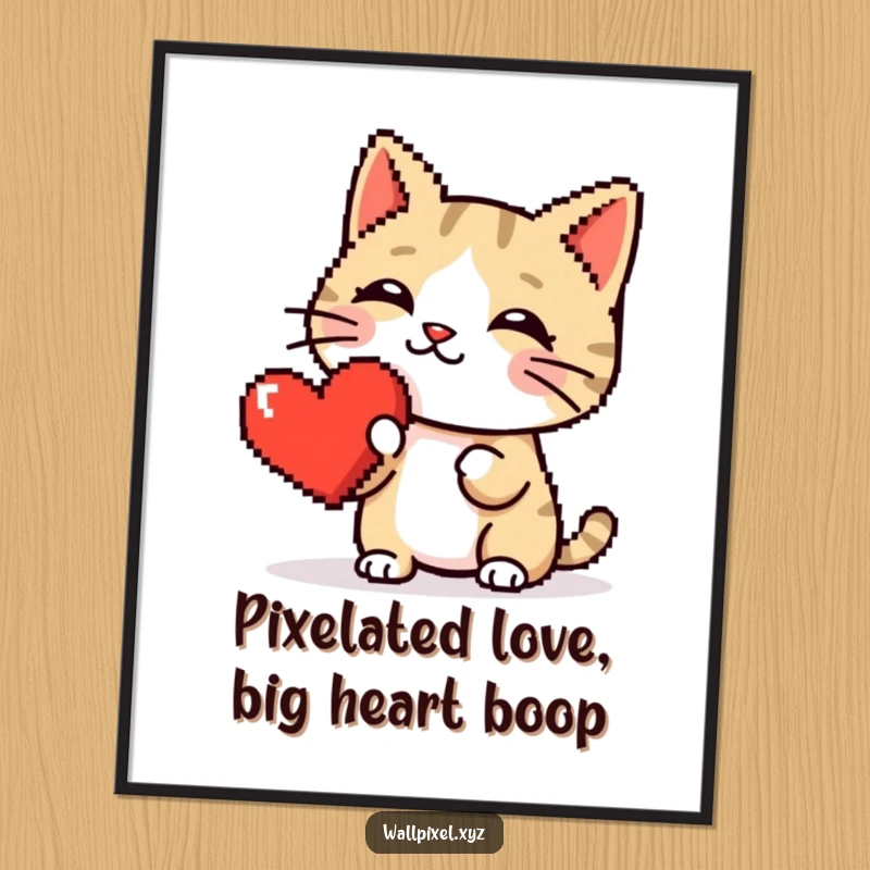 Funny Free Printable Wall Art: A pixel cat playfully boops a shiny red pixel heart, retro gaming style, downloadable art.