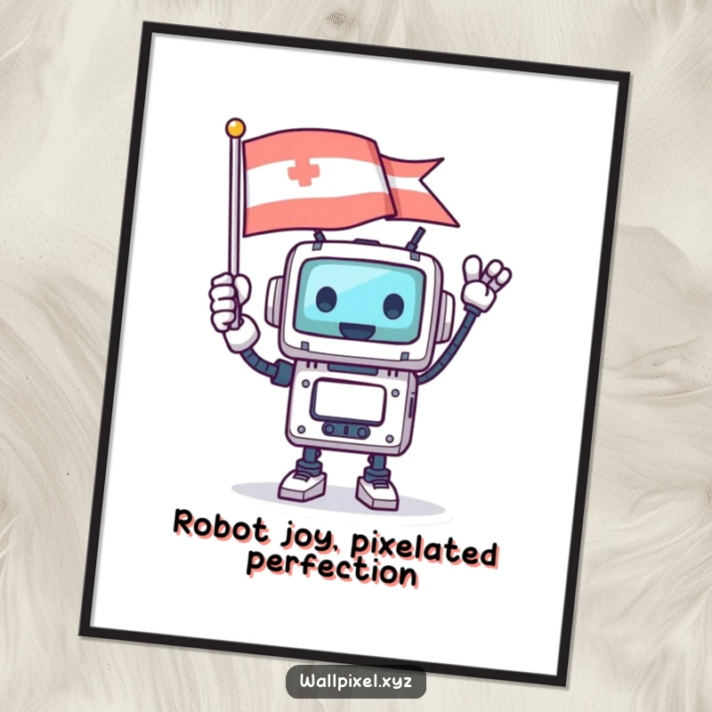 Funny free printable wall art of a square robot character proudly waving a large pixelated flag, representing joy and digital victory.